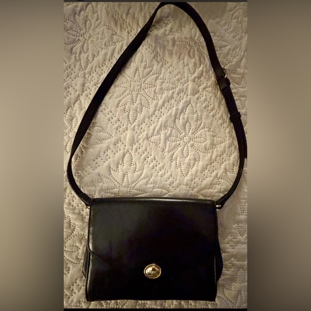 Vintage Monet Black Leather Crossbody Bag Gold Logo Flap Small Classic Purse